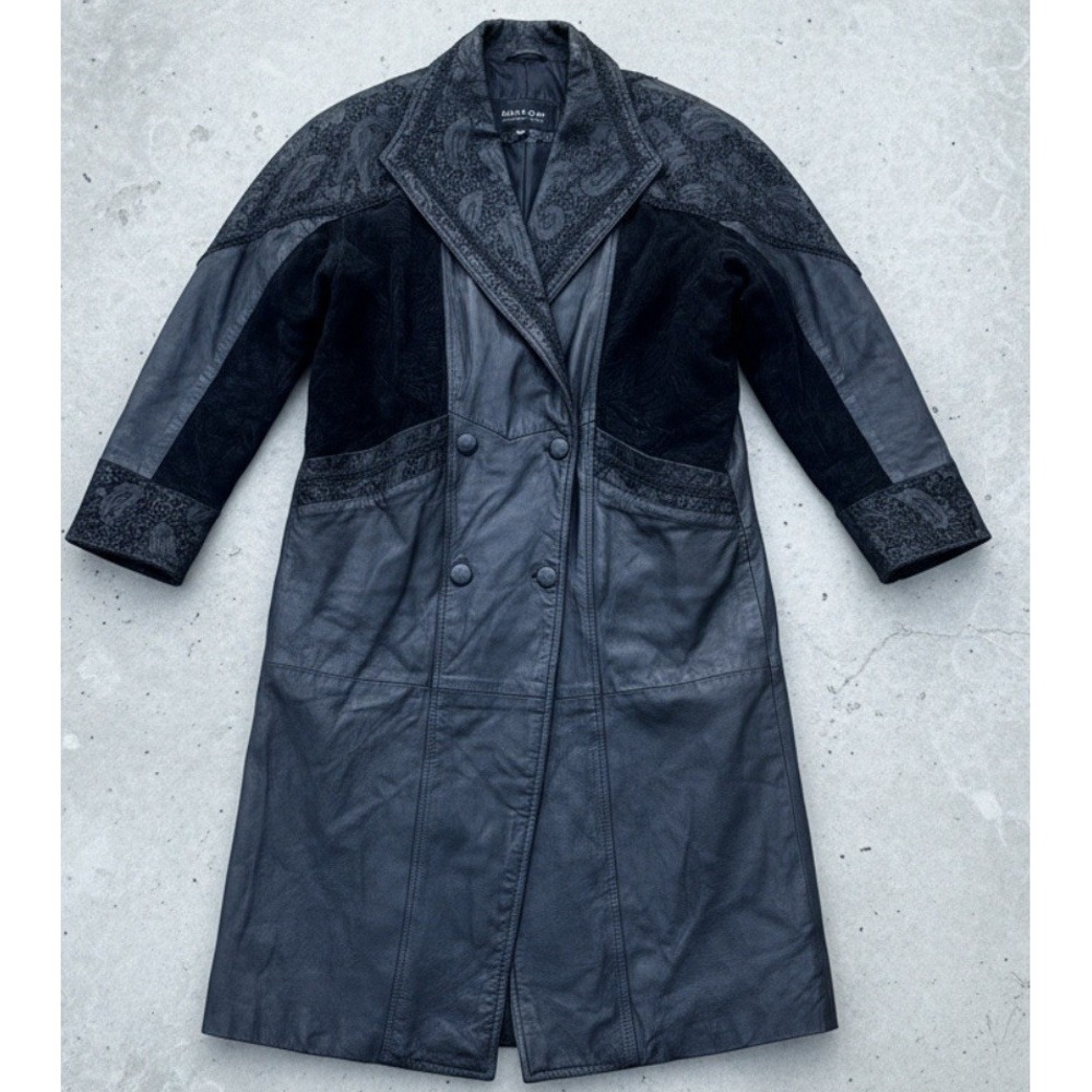 Wilsons Leather Coat Womens Medium Black Trench‎ Double Breasted Paisley Trim